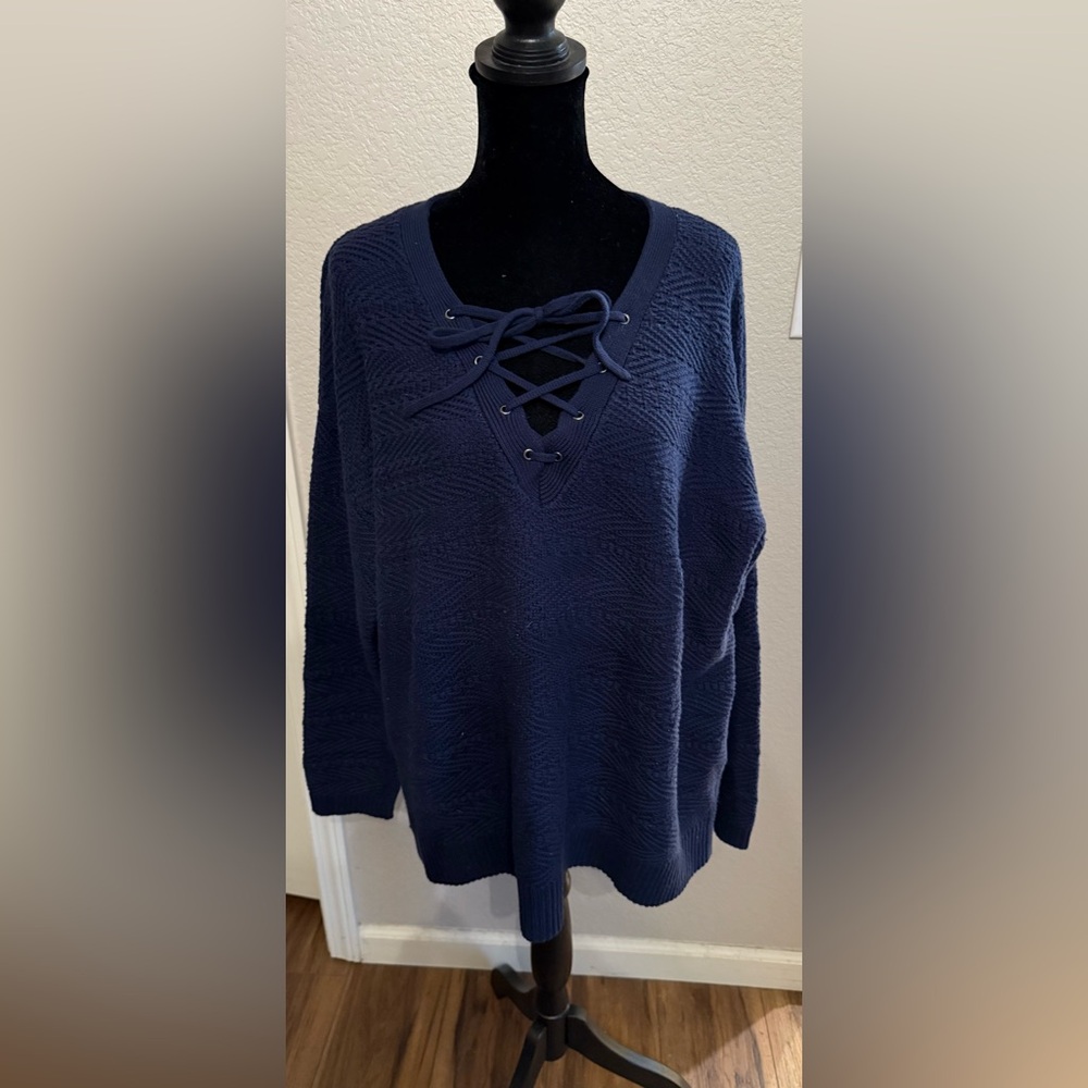 Athleta Deep Blue V-Neck Lace-Up Sweater